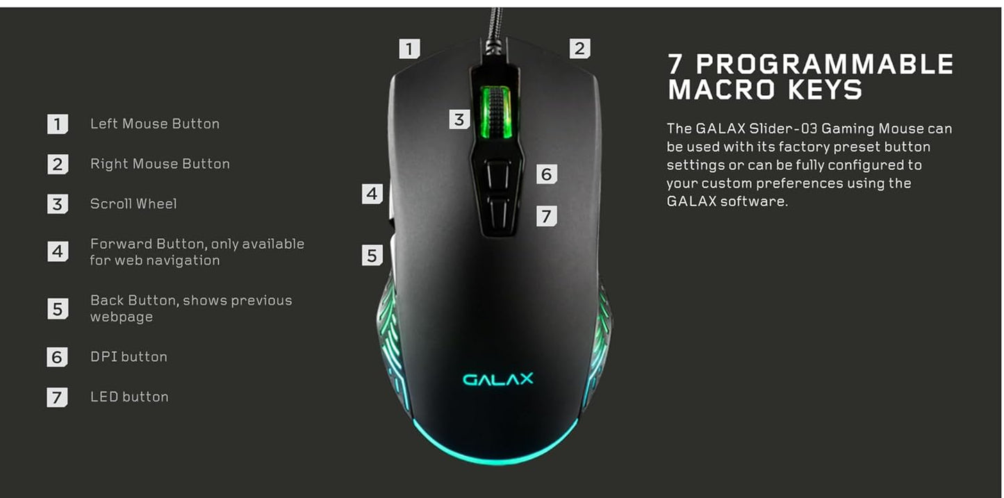 Galax Slider-03 USB Wired Gaming Mouse | 7 Programmable Buttons | Customizable RGB Lights | Ergonomic Design | 7200 DPI Gaming Grade Sensor | 1.5m