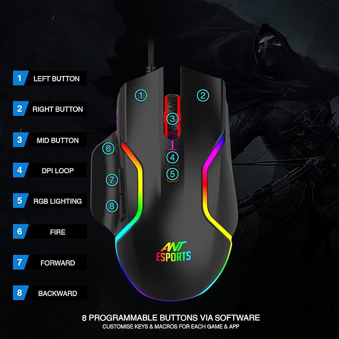 Ant Esports GM320 RGB Optical Wired Gaming Mouse | 8 Programmable Buttons | 12800 DPI I Ergonomic Design with Braided Cable - Black