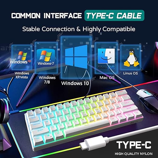 RK ROYAL KLUDGE RK61 Wired 60% Mechanical Gaming Keyboard RGB Backlit Ultra-Compact Brown Switch White