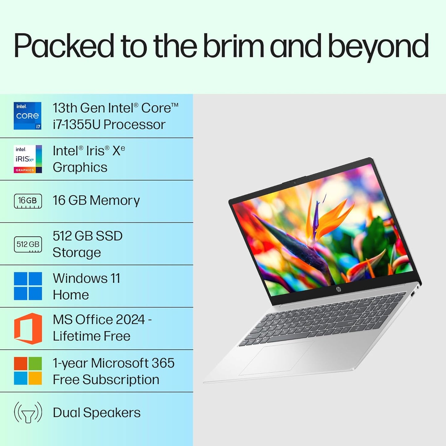 HP 15,13th Gen Intel Core i7-1355U Laptop,(16GB DDR4, 512GB SSD) Antiglare, 15.6’’/39.6cm, FHD, Win11, M365 Basic(1yr), Office Home 24, Silver, 1.59kg, Iris Xe, FHD Camera w/Shutter, Backlit, fd0468tu