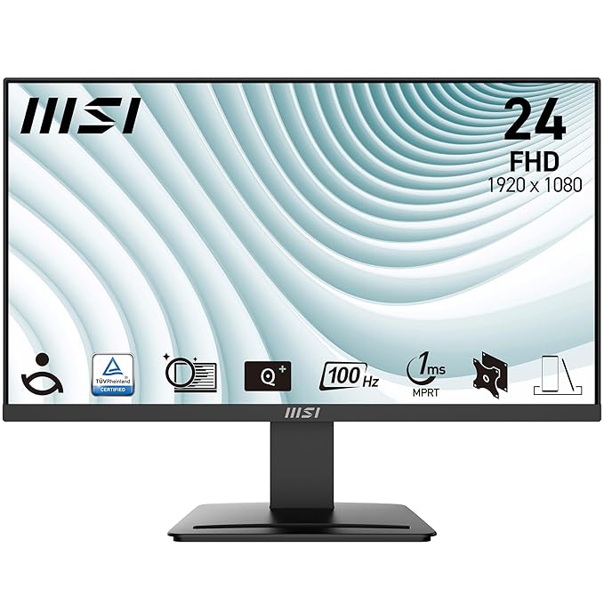 MSI PRO MP2412 23.8 Inch Full HD Office Monitor - 1920 x 1080 Wide View Panel, 100 Hz, Eye-Friendly Screen, VESA Mountable, Display Kit Support, Tilt Adjustable - HDMI 1.4b, DP 1.2a