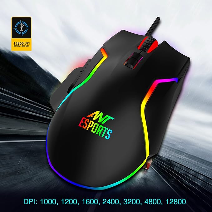 Ant Esports GM320 RGB Optical Wired Gaming Mouse | 8 Programmable Buttons | 12800 DPI I Ergonomic Design with Braided Cable - Black