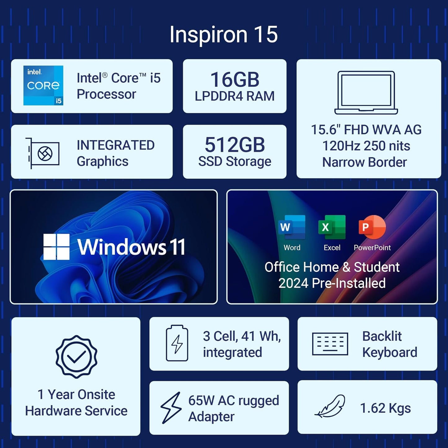 Dell Inspiron 3530 Laptop, 13th Gen Intel Core i5-1334U Processor, 16GB DDR4, 512GB SSD, 15.6"(39.62cm) FHD 120Hz 250 nits, Backlit KB, Win 11 + Mso'21 & 15 Month McAfee, Silver, Thin & Light- 1.62kg