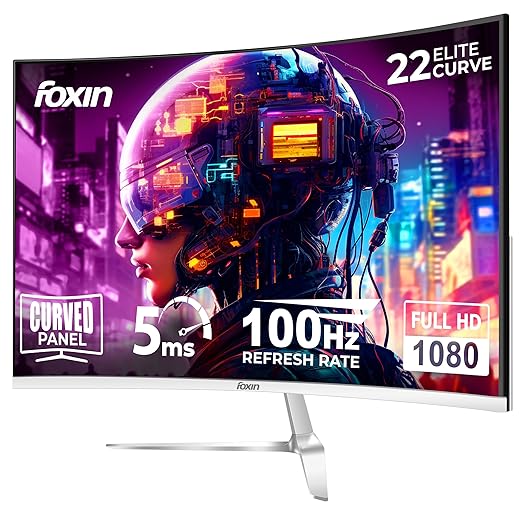 Foxin Elite 22 Inch Curved LED Monitor β Full FHD 1080p, 100Hz, Frameless Design, HDMI & VGA Ports, Anti-Glare, Flicker-Free, Wall Mountable, 5ms, 250 cd/m2, sRGB | 3 Yrs Limited Warranty