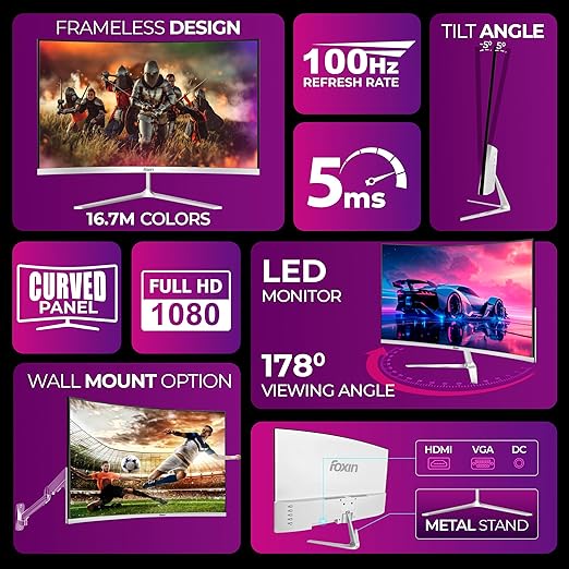 Foxin Elite 22 Inch Curved LED Monitor β Full FHD 1080p, 100Hz, Frameless Design, HDMI & VGA Ports, Anti-Glare, Flicker-Free, Wall Mountable, 5ms, 250 cd/m2, sRGB | 3 Yrs Limited Warranty