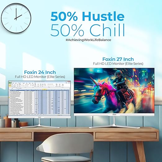 Foxin 27 Inch FHD LED Monitor 1920x1080p Elite Series | IPS Panel, HDMI & VGA Port, 100Hz, 250 cd/m2, sRGB, True Pixel, Anti-Glare Flicker-Free, Frameless, Metal Stand, 16.7 M Colors, 3 Yrs Warranty
