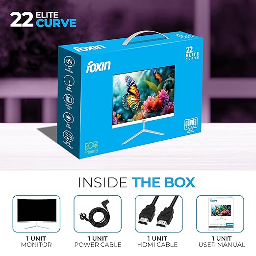 Foxin Elite 22 Inch Curved LED Monitor β Full FHD 1080p, 100Hz, Frameless Design, HDMI & VGA Ports, Anti-Glare, Flicker-Free, Wall Mountable, 5ms, 250 cd/m2, sRGB | 3 Yrs Limited Warranty