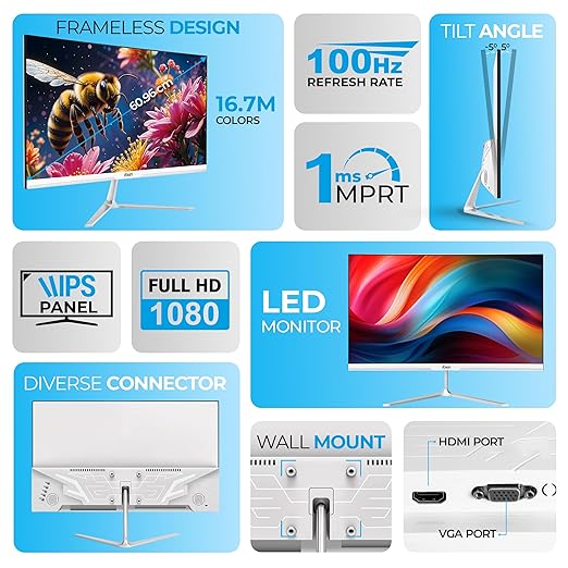 Foxin 27 Inch FHD LED Monitor 1920x1080p Elite Series | IPS Panel, HDMI & VGA Port, 100Hz, 250 cd/m2, sRGB, True Pixel, Anti-Glare Flicker-Free, Frameless, Metal Stand, 16.7 M Colors, 3 Yrs Warranty