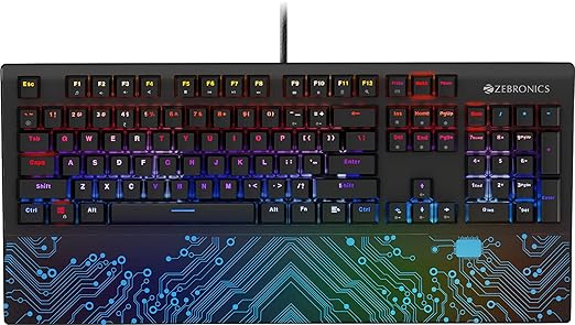 ZEBRONICS Zeb-MAX Chroma Premium Mechanical Gaming Keyboard with 104 Tactile Switch Keys, Wrist Rest, 18 RGB LED Modes, Braided & Gold Plated USB Cable
