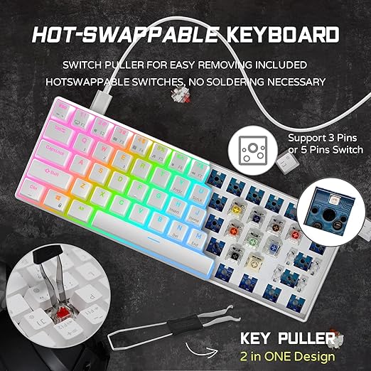 RK ROYAL KLUDGE RK61 Wired 60% Mechanical Gaming Keyboard RGB Backlit Ultra-Compact Brown Switch White