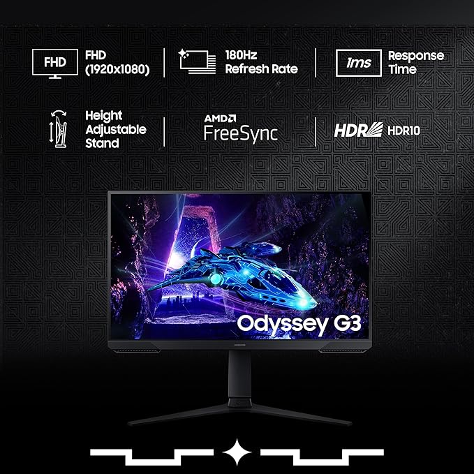 Samsung 24" (60cm) Odyssey G3 Gaming Monitor|FHD 1920 X 1080|180Hz|1ms(MPRT)|AMD Freesync|Ports-DP,HDMI|DP Cable|16.7 Million Colors|Height-Tilt-Pivot Adjustable Stand|Bezeless|LS24DG300EWXXL|Black