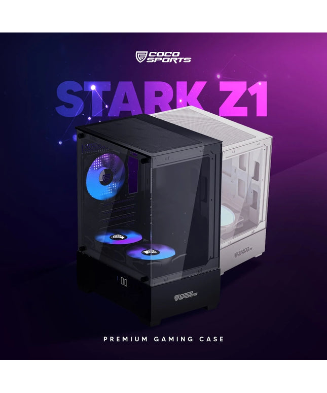 Stark Z1- 7-Side Tempered Glass with Pre-Loaded with 4x RGB Fan ABS, Liquid Cooling, ATX Motherboard, 4x RGB Fans, 1x USB 3.0 Port