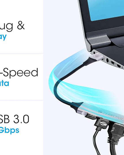 Zebronics 200HB USB 3.0 4 Port hub with Hi Speed Data Transfer, Aluminum + ABS Body, 15cm Cable, Sleek Design and Plug Play Usage