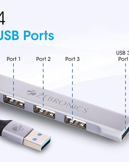 Zebronics 200HB USB 3.0 4 Port hub with Hi Speed Data Transfer, Aluminum + ABS Body, 15cm Cable, Sleek Design and Plug Play Usage