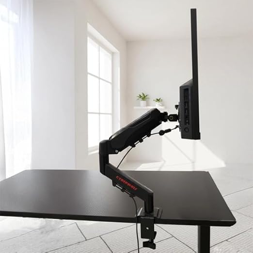 Cyberwolf Single Desk Monitor Mount with Gas Spring Arm for 17–34 Inch Screens | Height Adjustable Monitor Stand with Desk Clamp | 10kg Load Capacity, 360° Rotation (Black)