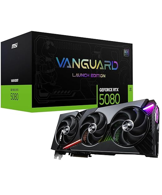 MSI Geforce RTX 5080 16G Vanguard SOC pci_e_x16 Launch Edition Graphic Card-NVIDIA Geforce RTX 5080 GPU, 16GB GDDR7 256-Bit Memory, 30 Gbps, PCI Express Gen 5 Interface, Upto 2730 Mhz, STORMFORCE Fan