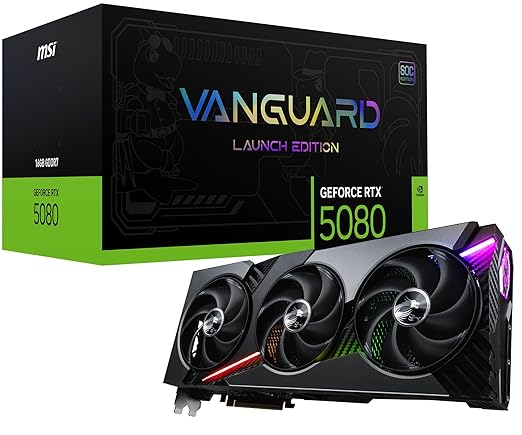 MSI Geforce RTX 5080 16G Vanguard SOC pci_e_x16 Launch Edition Graphic Card-NVIDIA Geforce RTX 5080 GPU, 16GB GDDR7 256-Bit Memory, 30 Gbps, PCI Express Gen 5 Interface, Upto 2730 Mhz, STORMFORCE Fan