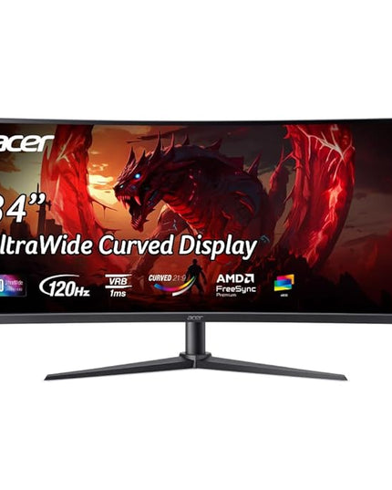 Acer Nitro ED340CUR J0 34 Inch UWQHD Curved Gaming Monitor | 3440x1440 VA Panel | 120Hz (DP) | 1ms VRB | AMD FreeSync Premium | HDR10 | 1500R | 2x HDMI 2.1 + DP 1.4 | Easy Tilt | Speakers | VisionCare