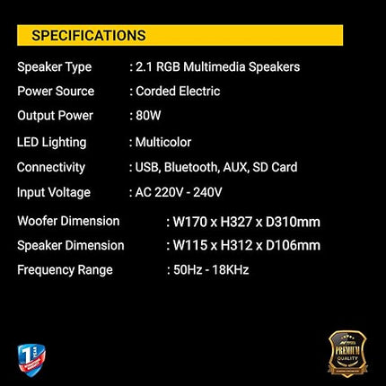 Ant Esports GS80,80W 2.1 Channel Bluetooth Multimedia RGB Speaker with Subwoofer Satellite Speaker, Digital LED Display, Remote, Digital FM, USB & SD Card, Strong Bass, Perfect for Music – Gun Black