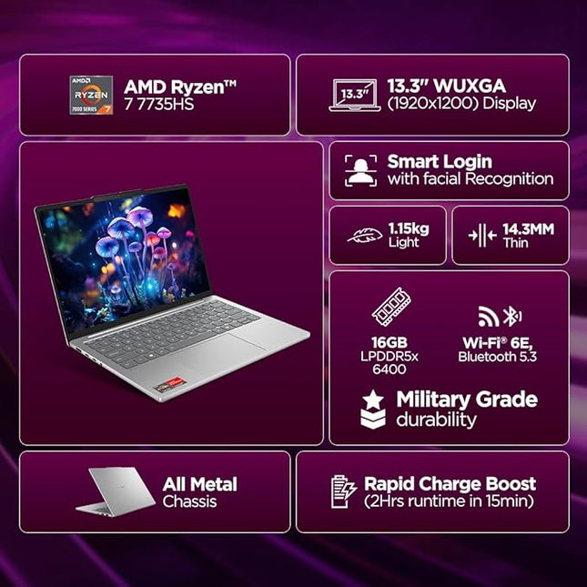 Lenovo IdeaPad Slim 5 Ryzen 7 7735HS (16GB RAM/512GB SSD/Integrated AMD Radeon 680M Graphics/WUXGA IPS Display/13.3" (33.7cm)/Windows 11/Office Home 2024/Backlit KB/Grey/1.15Kg), 83J2000HIN Laptop