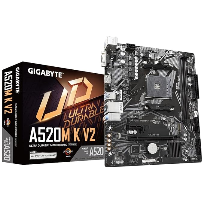 GIGABYTE ATX A520M K V2 Motherboard with GBe LAN with Bandwidth Management, DDR4, Pcie 3.0 X4 M.2, Smart Fan 5, Anti-Sulfur Resistors Design