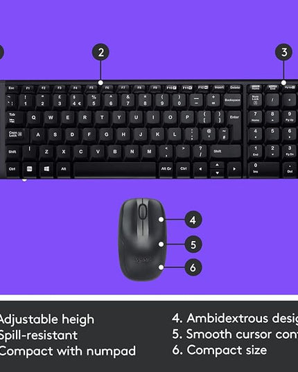 Logitech MK220 Compact Wireless Keyboard and Mouse Combo for Windows, 2.4 GHz Wireless with Unifying USB-Receiver, 24 Month Battery, Compatible with PC, Laptop - Black