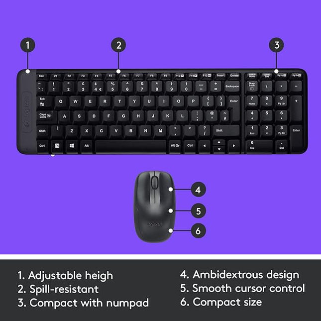 Logitech MK220 Compact Wireless Keyboard and Mouse Combo for Windows, 2.4 GHz Wireless with Unifying USB-Receiver, 24 Month Battery, Compatible with PC, Laptop - Black