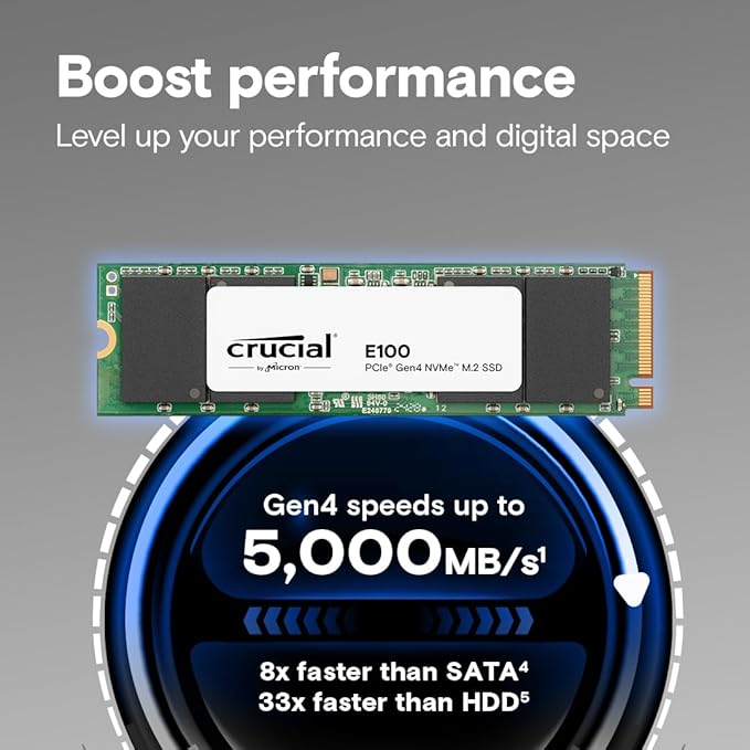 Crucial E100 SSD 480GB M.2 NVMe PCIe Gen4 Internal SSD, Up to 4,700MB/s, Laptop & Desktop Compatible