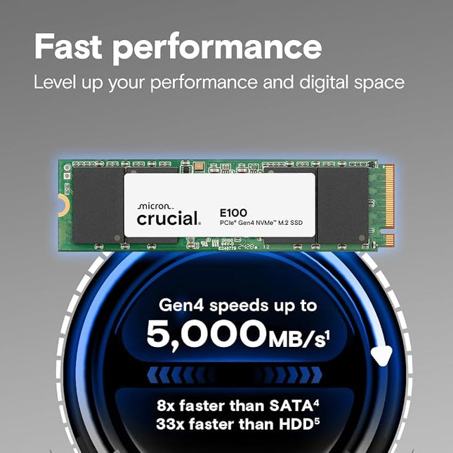 Crucial E100 SSD 480GB M.2 NVMe PCIe Gen4 Internal SSD, Up to 4,700MB/s, Laptop & Desktop Compatible - CT480E100SSD8