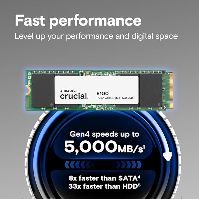 Crucial E100 1TB M.2 NVMe PCIe Gen4 Internal SSD, Up to 5,000MB/s, Laptop & Desktop Compatible - CT1000E100SSD8