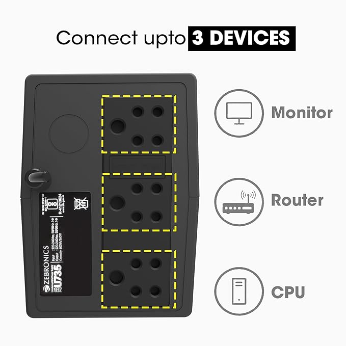 ZEBRONICS U735 600VA/360W Microcontroller Based UPS for Office Computers | Home PC with Auto Restart, Generator Compatible, Boost & Buck AVR, Built-in Protection,