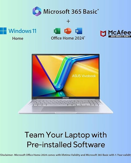 ASUS Vivobook 16,Smartchoice, 13th Gen, Intel Core i5-13420H,16GB RAM,512GB SSD,FHD, OLED,Win 11,M365 Basic (1Y),Backlit Keyboard,Office 2024,Silver,1.88 kg,X1605VA-SH1952WS, Thin & Light Laptop