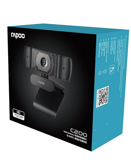 RAPOO C200 720P HD Webcam with Microphone, USB Computer Camera, Dual Noise Reduction Mics, 100° Wide-Angle Lens, Plug & Play, Ideal for Zoom, Skype, Teams, Video Calls, and Conferencing.