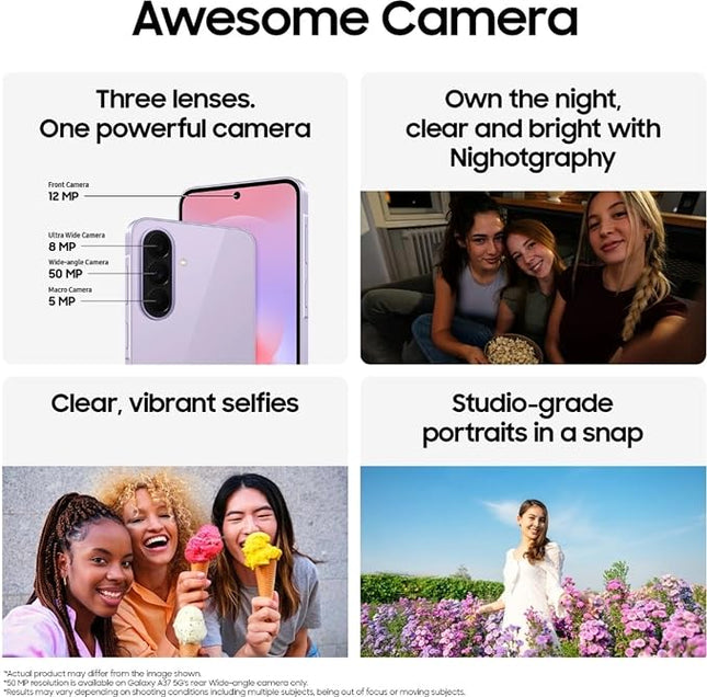 Samsung Galaxy A37 5G (Awesome Lavender, 8GB RAM, 256GB Storage) | Exynos 1480 Octa-Core Processor | 50MP + 8MP AI Dual Camera | 12MP Front Camera | 6.7-inch FHD+ Super AMOLED 120Hz Display |