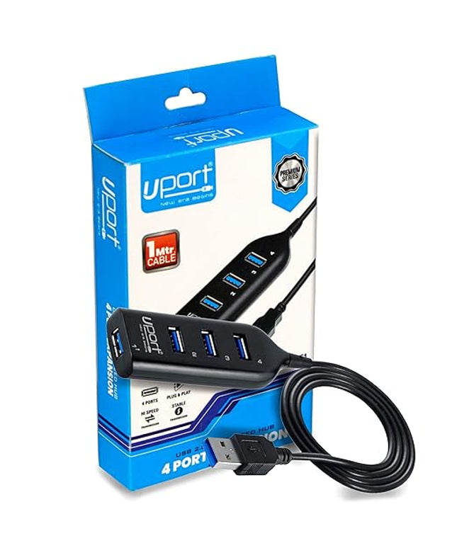 UPORT 1 Meter 4 in 1 Ultra-Slim USB Port Hub 2.0 Splitter Extender USB Port | USB Dock | USB Hub for PC Speaker, Laptop, Flash Drive, HDD, Console, Printer, Camera, Keyboard, Mouse, Pen Drive (Black)