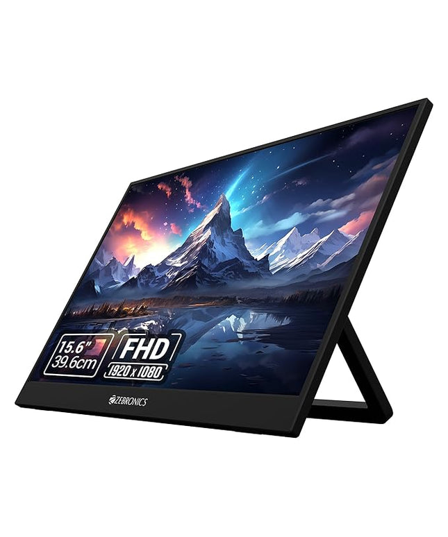 ZEBRONICS Pixigo A16, 15.6 inch Portable Monitor, FHD 1080p, 180° Adjustable Stand, Lightweight, 16:9 Aspect Ratio, 300Nits, 16.7M Colors, Dual Input - Type C + Mini HDMI, Built-in Speakers