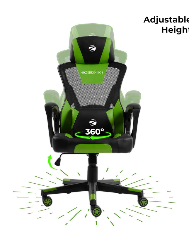 ZEBRONICS GC1400 Gaming Chair with 360° Swivels & Casters, 90°-125° Backrest Angle, Heavy Duty Base & Frame, Class 3 Gas Lift, Spacious Seat, Neck/Head Cushion (Green)