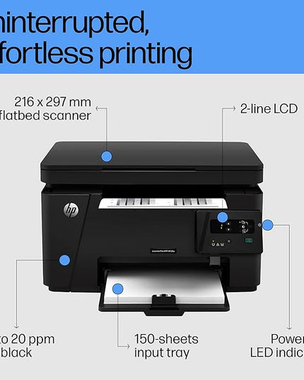 HP LaserJet Pro MFP M126a, Print, Copy, Scan, Hi-Speed USB 2.0, Up to 21 ppm, 150-sheet Input Tray, 100-sheet Output Tray, 8000-page Duty Cycle, 700-page Yield, Black and White, CZ174A