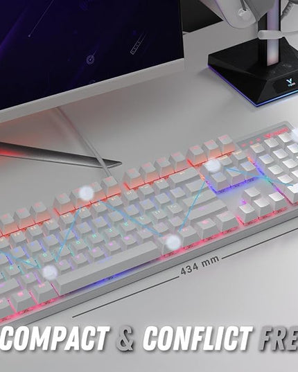 RAPOO V500PRO White Edition Full Size Mechanical USB-a Gaming Keyboard Spill Resistant,Anti-Ghosting, RGB Lighting 5 Modes, Aluminium Alloy, Windows/macOS/PC/Laptop, 2 Years Warranty