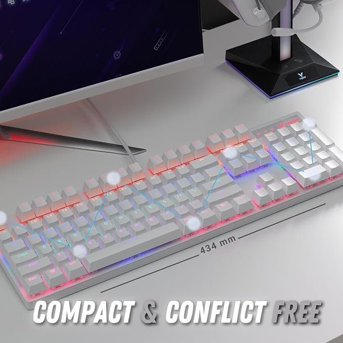 RAPOO V500PRO White Edition Full Size Mechanical USB-a Gaming Keyboard Spill Resistant,Anti-Ghosting, RGB Lighting 5 Modes, Aluminium Alloy, Windows/macOS/PC/Laptop, 2 Years Warranty