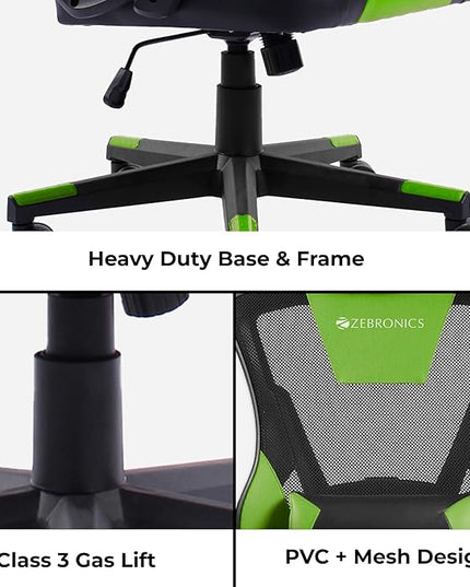 ZEBRONICS GC1400 Gaming Chair with 360° Swivels & Casters, 90°-125° Backrest Angle, Heavy Duty Base & Frame, Class 3 Gas Lift, Spacious Seat, Neck/Head Cushion (Green)