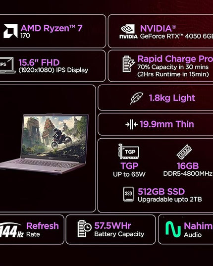 Lenovo LOQ Essential AMD Ryzen 7 170 | NVIDIA RTX 4050 6GB (16GB RAM/512GB SSD/144Hz Refresh Rate/15.6" (39.6cm)/Windows 11/Office Home 2024/3 Mon. Game Pass/Grey/1.8Kg), 83S000CPIN Gaming Laptop
