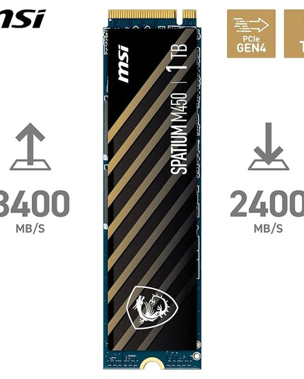 MSI SSD SPATIUM M450 PCIe 4.0 NVMe M.2 1TB V1 – PCIe 4.0 NVMe M.2 Internal Solid-State Drive, up to 3600MB/s Read & 3000MB/s Write, Built‑in Data Security
