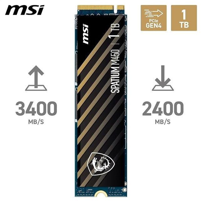 MSI SSD SPATIUM M450 PCIe 4.0 NVMe M.2 1TB V1 – PCIe 4.0 NVMe M.2 Internal Solid-State Drive, up to 3600MB/s Read & 3000MB/s Write, Built‑in Data Security