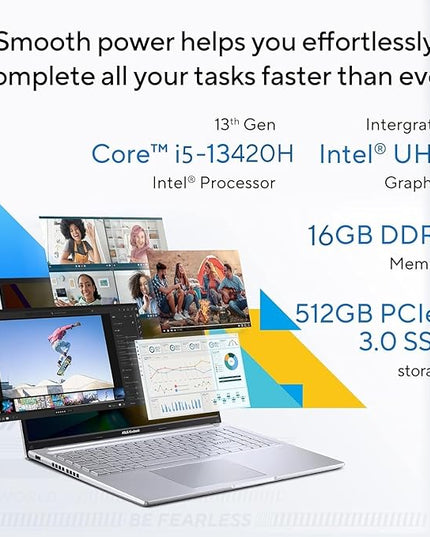 ASUS Vivobook 16,Smartchoice, 13th Gen, Intel Core i5-13420H,16GB RAM,512GB SSD,FHD, OLED,Win 11,M365 Basic (1Y),Backlit Keyboard,Office 2024,Silver,1.88 kg,X1605VA-SH1952WS, Thin & Light Laptop