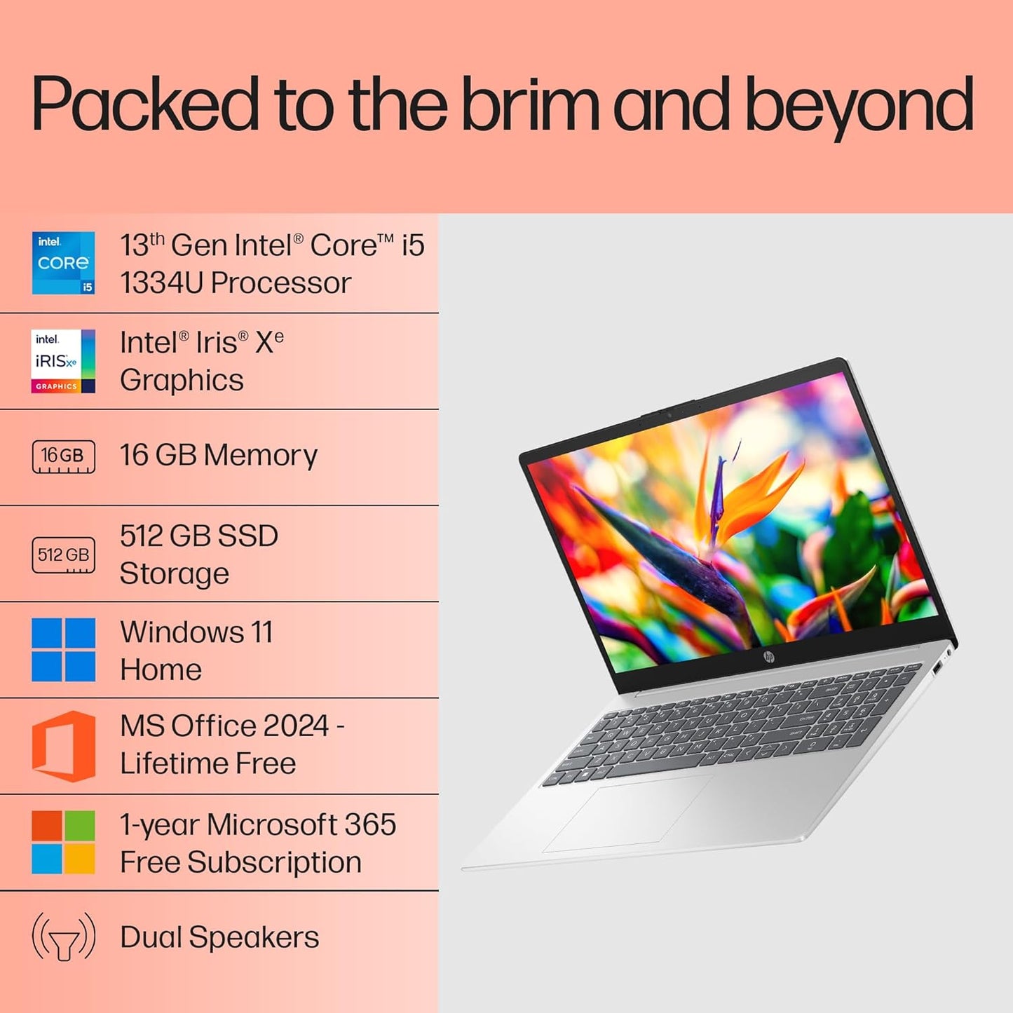 Laptop HP 15-fd0467TU - i5-1334U | 16 GB Ram | 512 GB SSD |Win11+ MSO24 |Backlit KB | 15.6" FHD |Natural silver