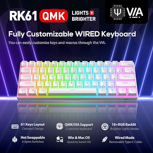 RK ROYAL KLUDGE RK61 Wired 60% Mechanical Gaming Keyboard RGB Backlit Ultra-Compact Brown Switch White