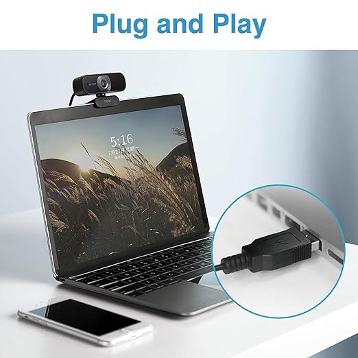 1080P Web Camera, HD Webcam with Microphone, Rapoo C260 USB Computer Camera, Built-in Dual Noise Reduction Mics, 95-degree Wide Angle, Plug and Play, for Zoom/Skype/Teams, Conferencing and Video Calls