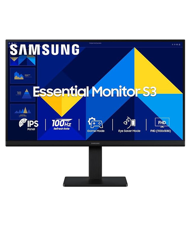 Samsung 27" (68.6 cm) S3 Flat Monitor|Super Slim Borderless Design|IPS Panel|FHD 1920 x 1080|100 Hz|5 ms|Ports-HDMI,VGA|Game Mode||Eye Saver Mode||Wall Mountable|LS27D300GAWXXL|Black