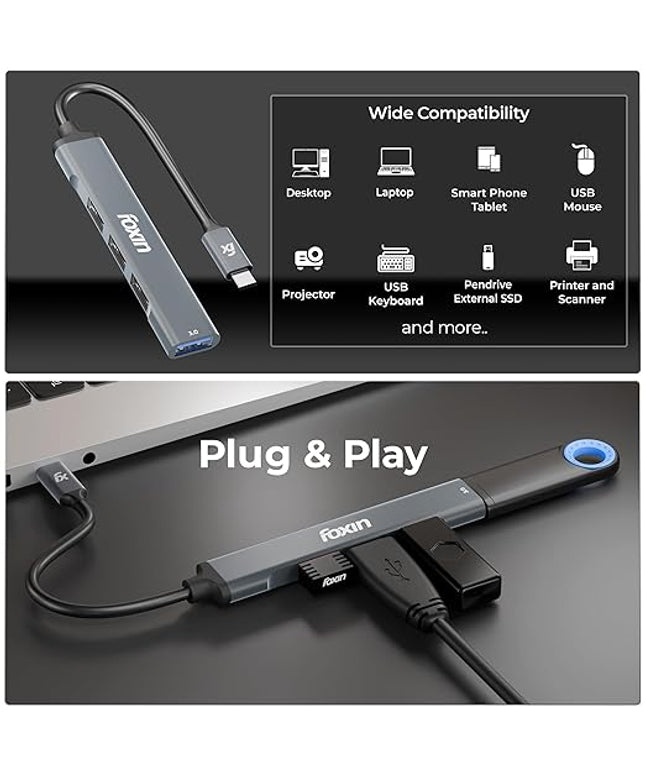 Foxin 4-in-1 USB-C Hub | Type C Hub to USB 3.0 + 3 USB 2.0 Ports, Upto 5 Gbps High Speed Data Transfer | Slim Aluminium Portable C-Type Hub for Laptop, MacBook, Tablets & Mobiles | 15cm Cable - FTH C4